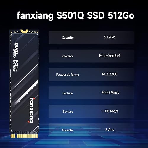 fanxiang SSD 512Go - SSD Interne NVMe M.2 2280 PCIe Gen3 x 4 - Disque Dur Jusqu'à 3000Mo/s - Compatible avec Ordinateur Portable et de Bureau - S501Q - 5