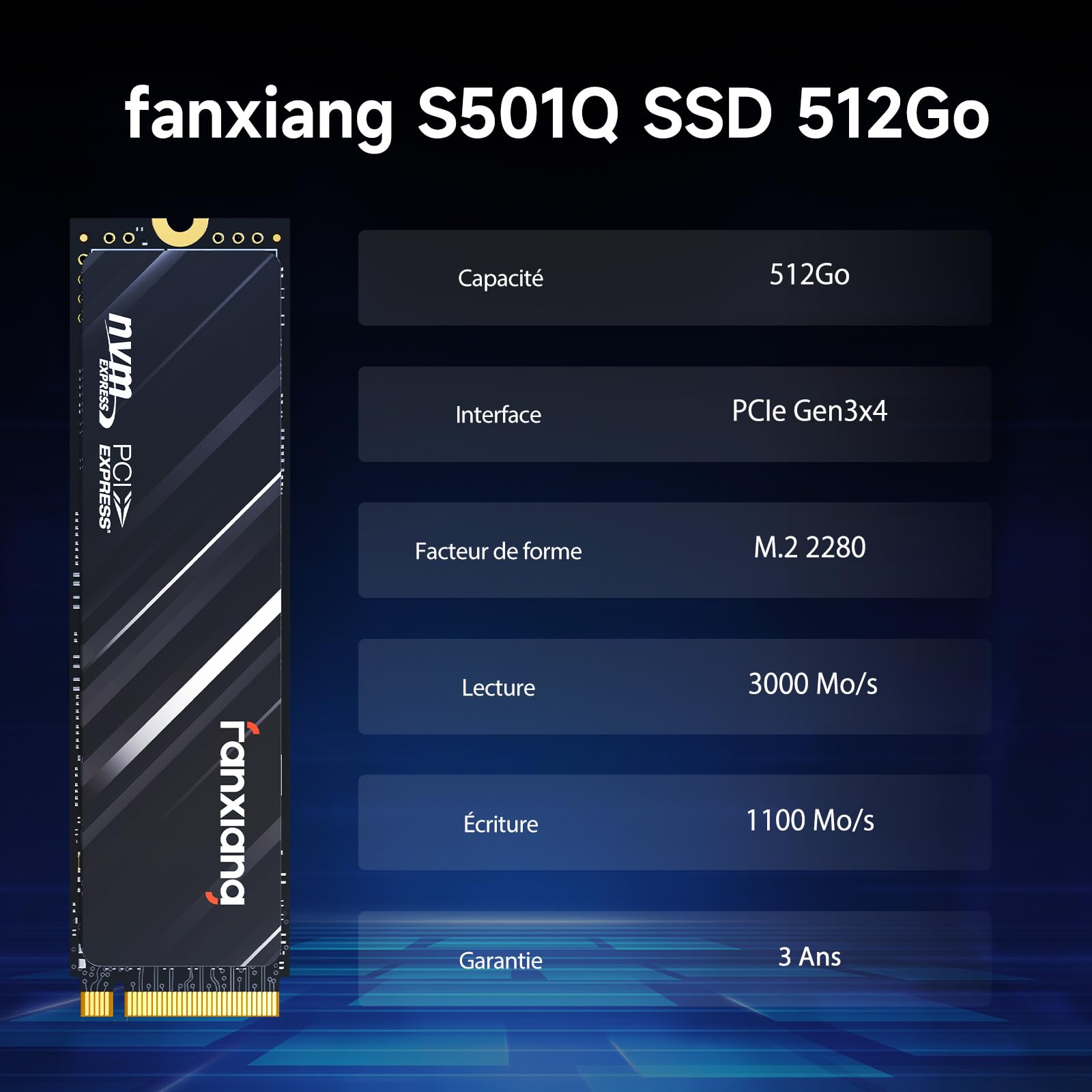 fanxiang SSD 512Go - SSD Interne NVMe M.2 2280 PCIe Gen3 x 4 - Disque Dur Jusqu'à 3000Mo/s - Compatible avec Ordinateur Portable et de Bureau - S501Q