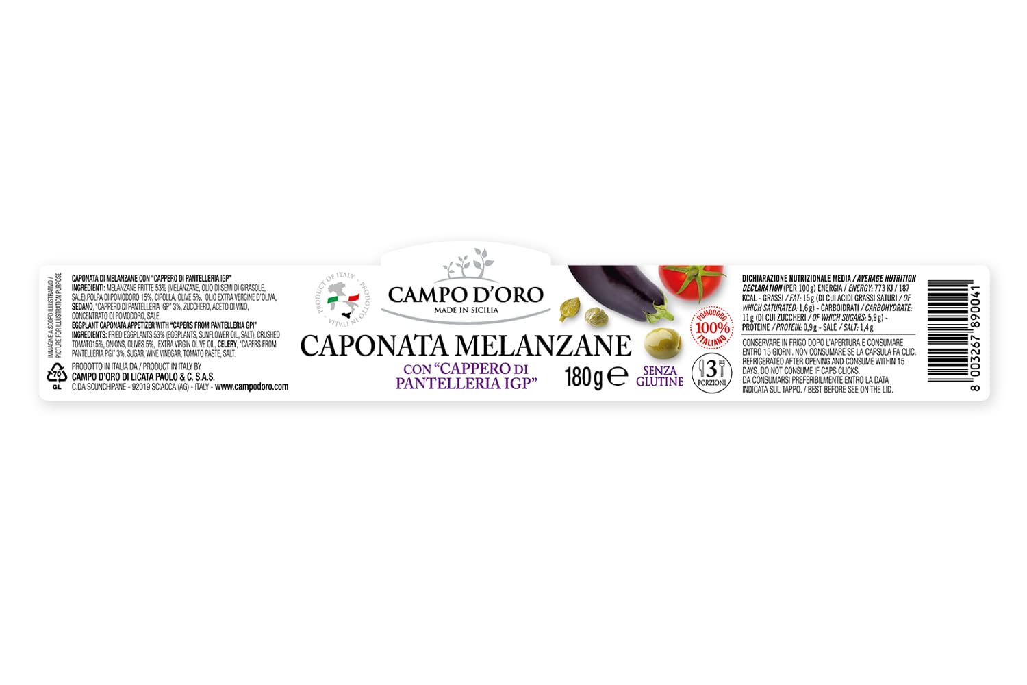 CAMPO D'ORO - Sicilian Eggplant Caponata, Glass, Jar 6.3 oz, Sicilian recipe for antipasto, appetizer, side dish or pasta with Eggplant, Tomato, Onion, Celery, Olives and Capers