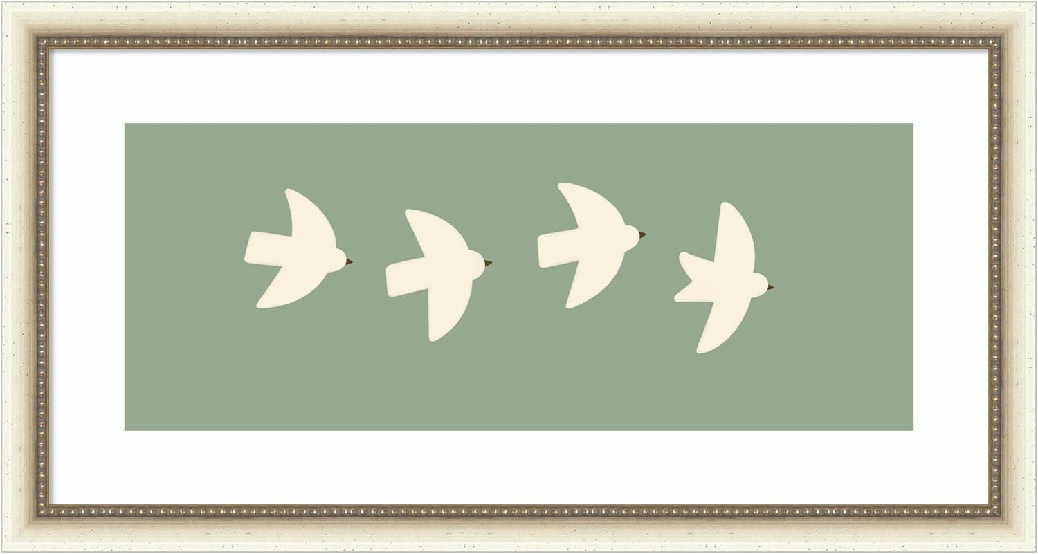 Kate and Laurel Framed Wall Art Print Minimalist Birds Panel 4 Green by Laura Moss, 26 x 14, Belmont Distress White Frame, Modern Contemporary, Animal Art for Wall Decor