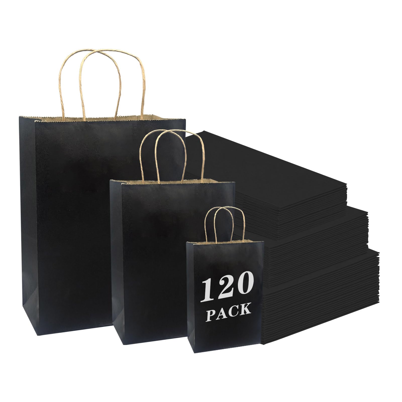 FACEBAG 120 Pack Black Kraft Paper Bags with Handles Bulk, Assorted Sizes Gift Bags for Favors Grocery，Retail，Party，Festival，Wedding，Birthday，Shopping