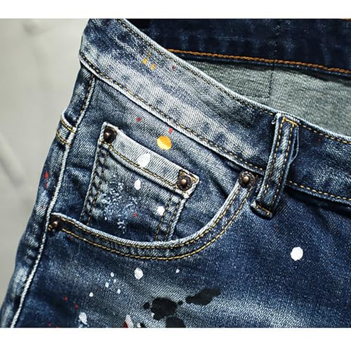 Men's Denim Pants, Paint-Splattered Distressed Patched Slim Fit Elastic Denim Pants for Trendy Men, Streetwear High-Street Hippy Pants,A,313