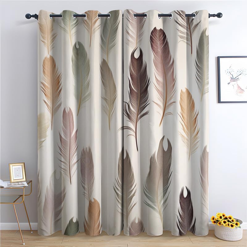 Feather Curtains for Bedroom Living Room, Dream Catcher Bird Blackout Curtains 63 Inch Length 2 Panels Set, Thermal Insulated Grommet Drapes, Decorative Patterned Window Treatments 29.5x63