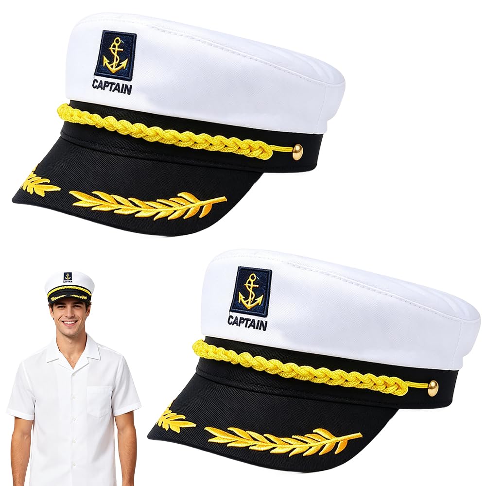 Vervora 2 Pack Adult Captain Hat, Adjustable White Sailor Cap Nautical Boat Ship Skipper Hat, Navy Style Fancy Dress Accessory for Halloween Stag Hen Party Cruise Yacht Party