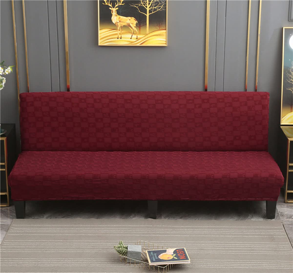 Housse de futon jacquard rouge pour sublimer votre salon et protéger le canapé convertible de 120cm
