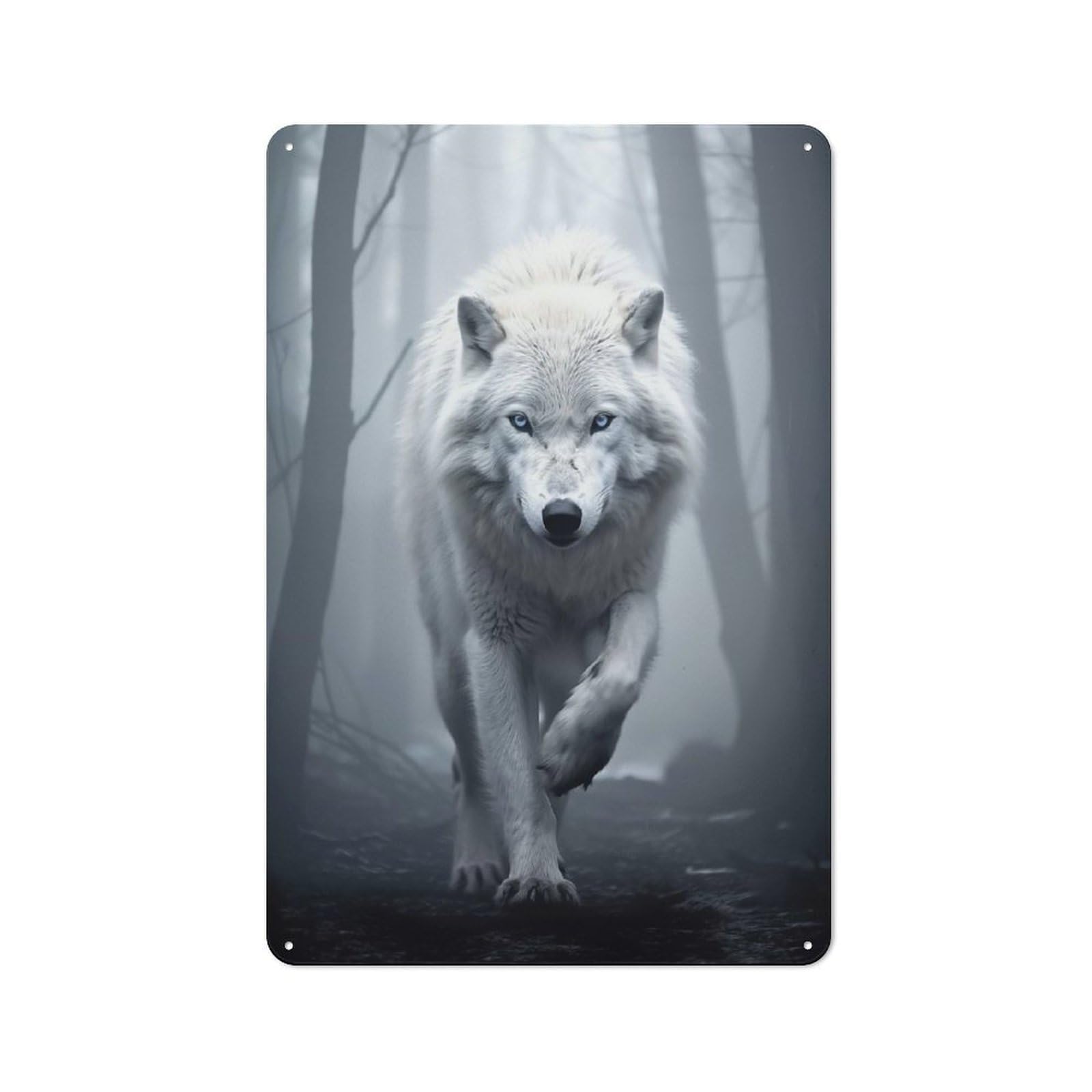 Junmoney Style-23 White Wolf In Foggy Forest Vintage Metal Wall Sign 30X20cm For Garage Wall, Suited To Garage Decor Collectors