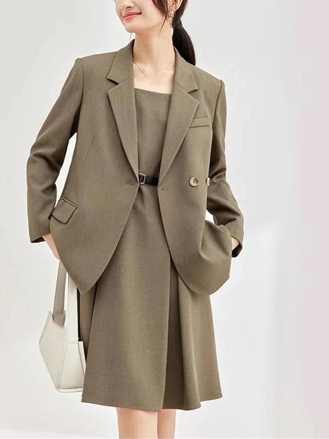 Women Elegant Business Blazer Pleated A Line Dresses 2 Piece Set Office Lady Style Notched Collar Loose Fit Dress Suits