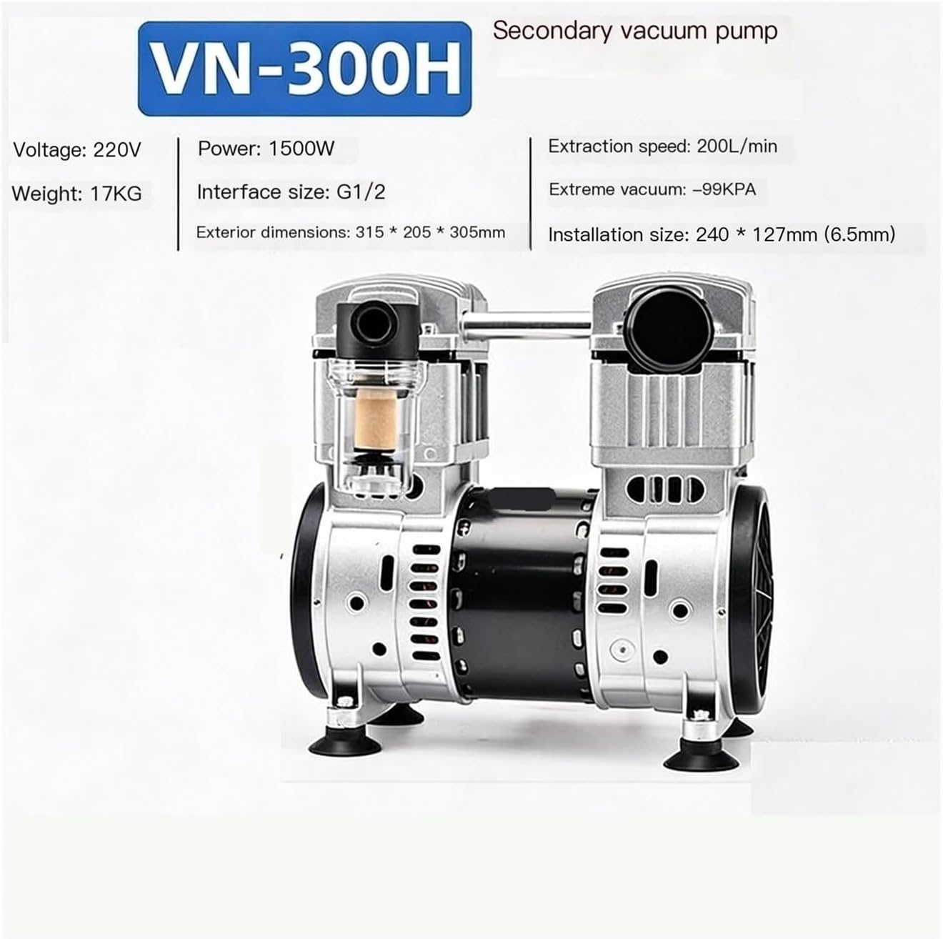 VN-300H Oil-Free Vacuum Pump 200L/min 1500W Two-Stage Suction Pump for Lab Equipment - 220V