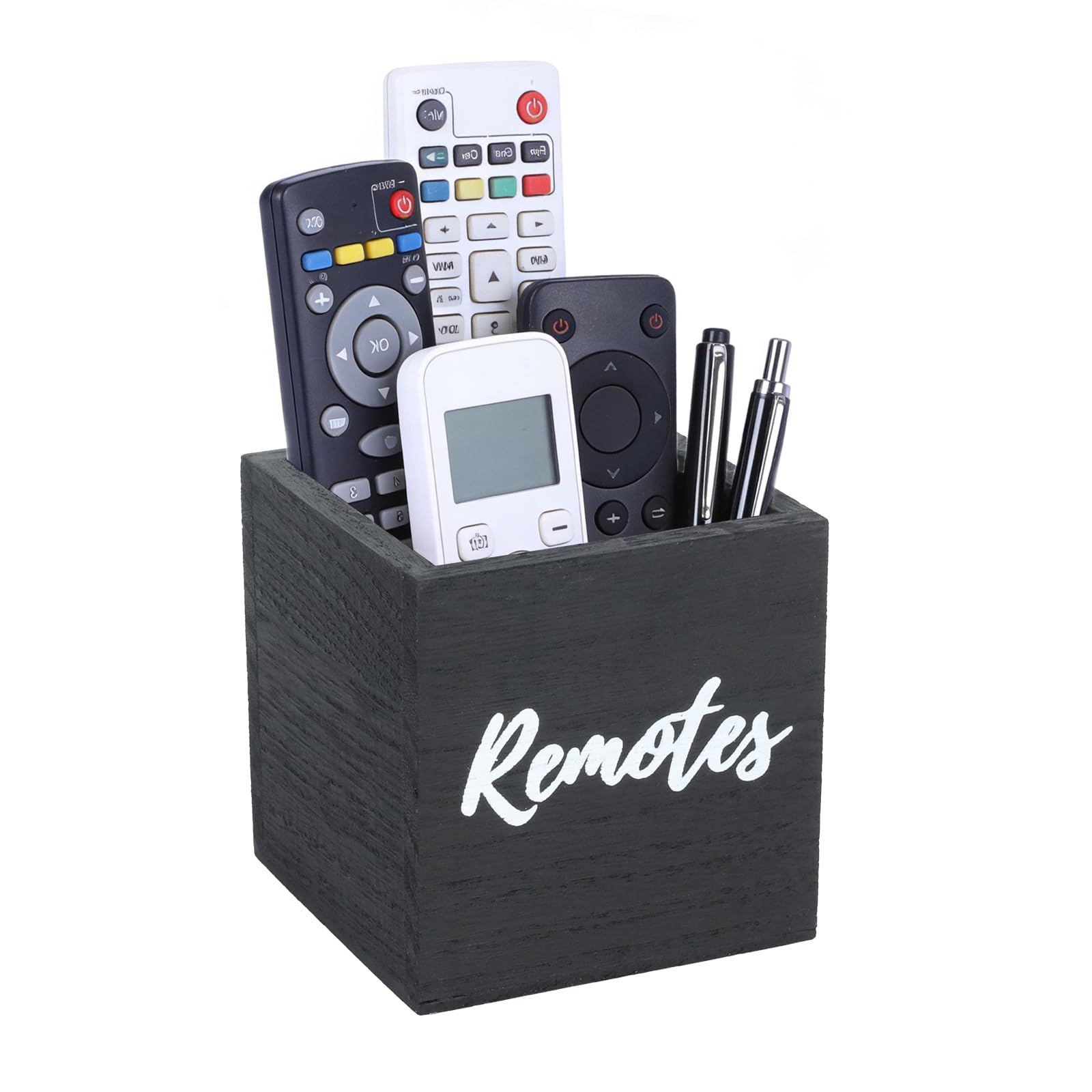 Punorric Wooden Remote Control Holder - Solid Wood Desk Organiser Tidy, TV Controller Holder& TV Remote Holder for Remotes/Stationery/Cosmetics, Living Room/Bedroom/Office-Black