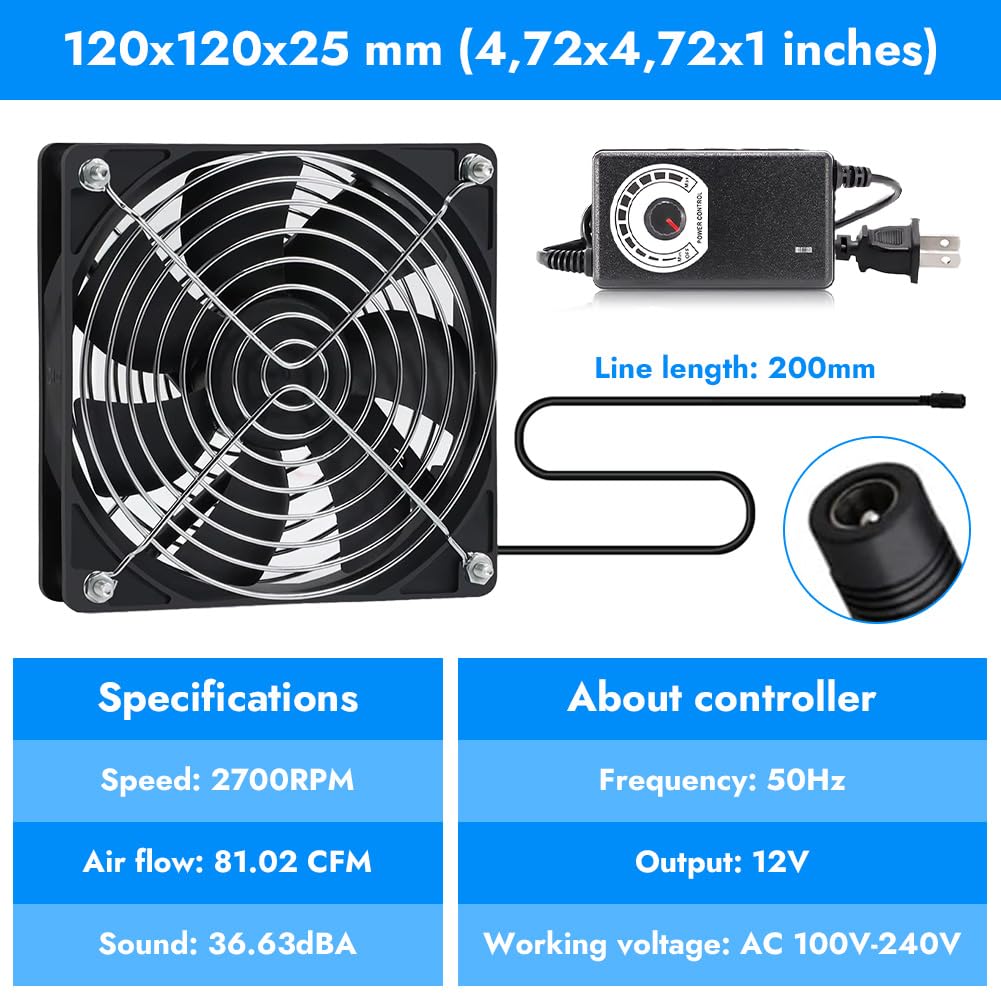 Ventilatore Di Raffreddamento JZK 12V 120mm Con Controllo Velocità - 0.3A, 2700 RPM - Per PC, Animali Domestici, Serre - Foto 6