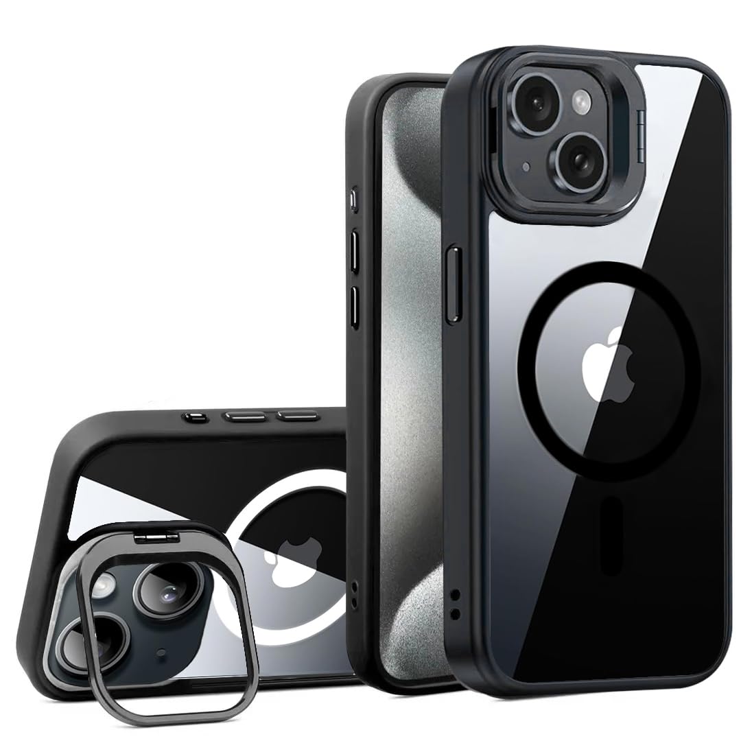 VONZEE Clear Camera Kickstand Case for iPhone 15 Plus, Built-in Adjustable Camera Stand, Clear Magnetic Mag-Safe Shockproof Classic Series Phone Cover (Black)