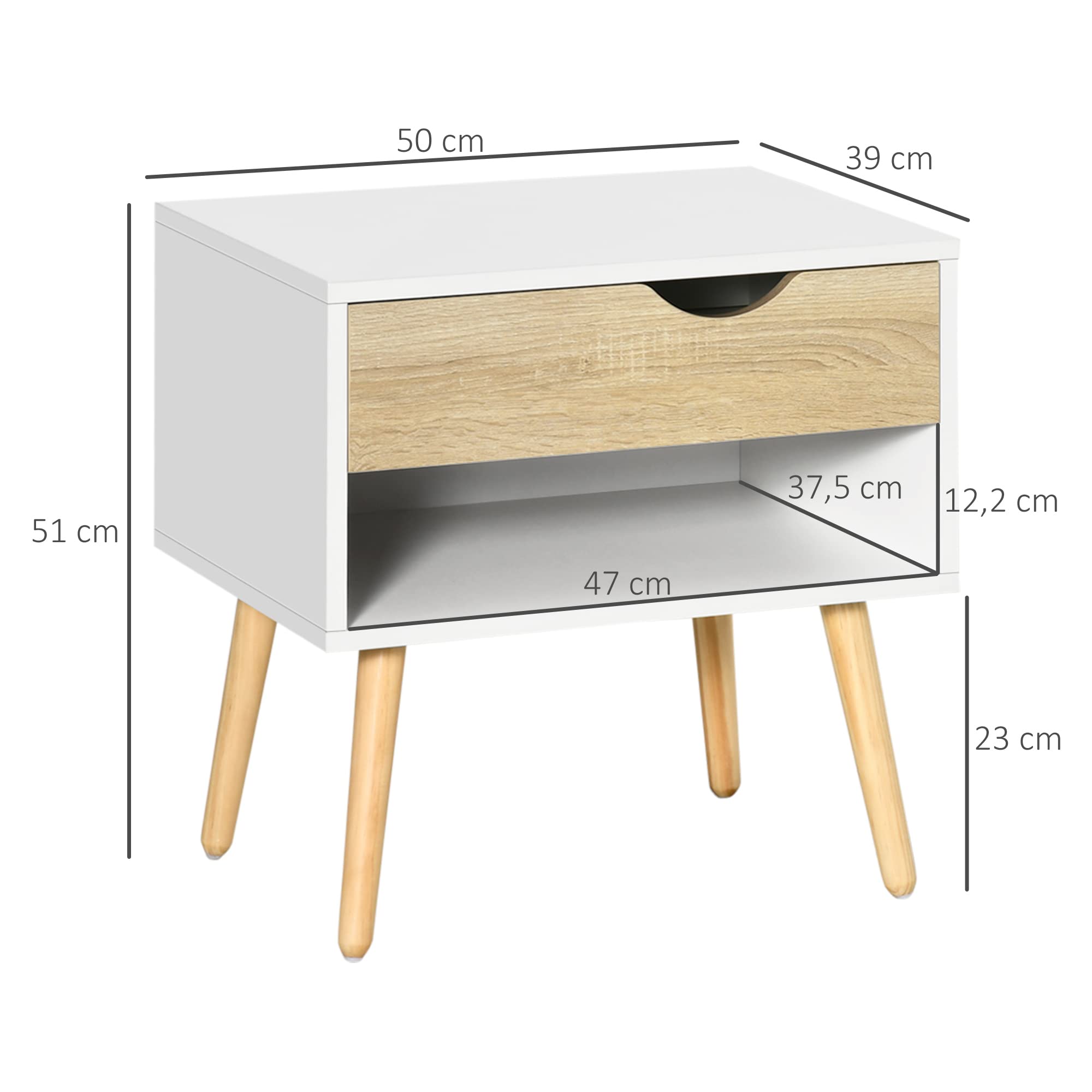 HOMCOM Set de 2 Mesitas de Noche con Cajón 50x39x51 cm Blanco y Roble | Mesa Auxiliar, Mesillas de Noche, Estante de Almacenamiento, Dormitorio Salón Cama Oficina, Estilo Moderno