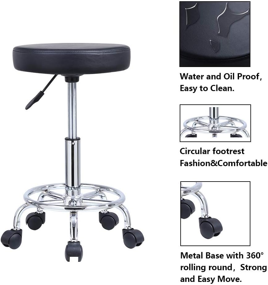 PU Leather Round Rolling Stool with Foot Rest Swivel Height Adjustment Medical Spa Drafting Salon Tattoo Work Office Massage Stools Task Chair Small (Black)