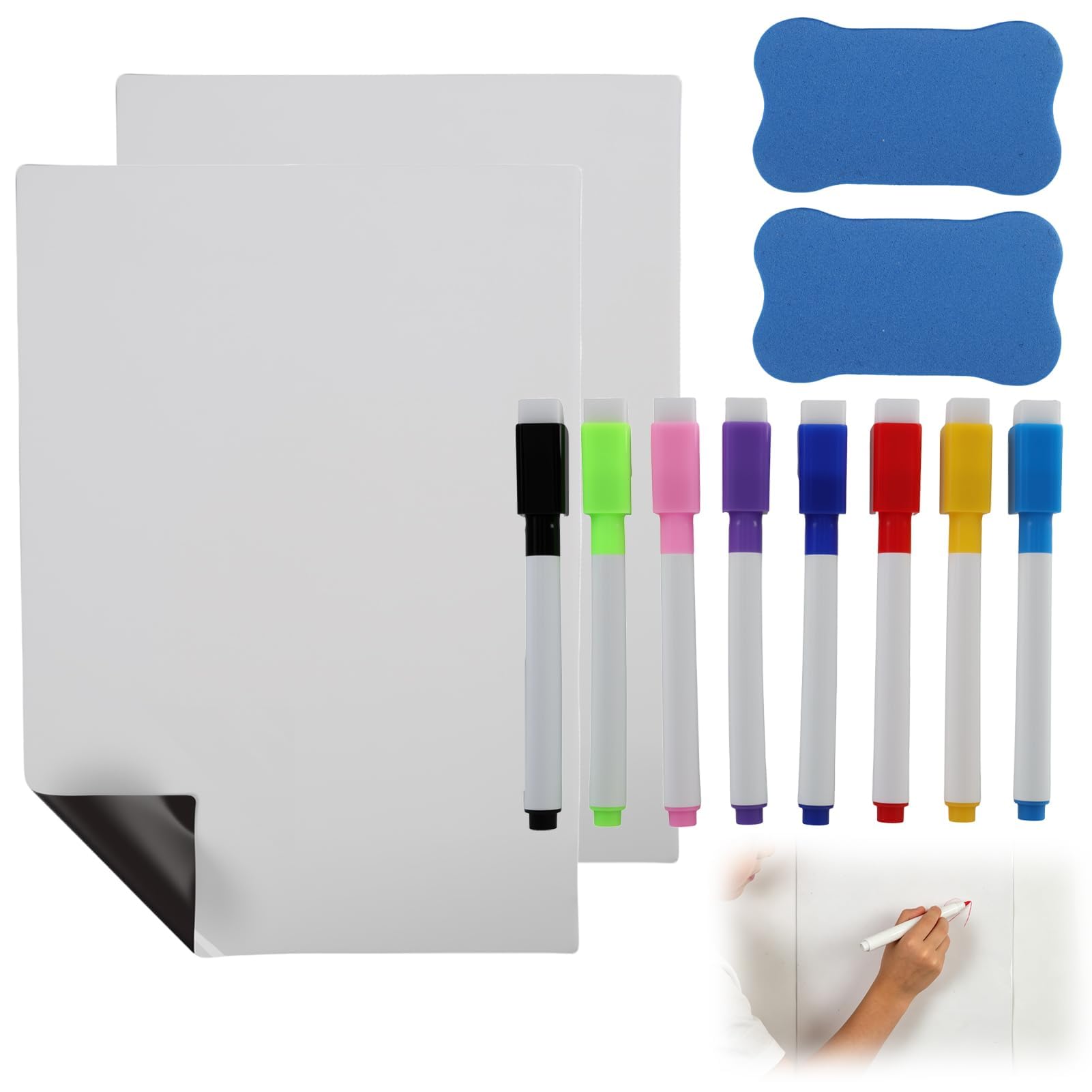 Pizarra blanca magnética A4 para nevera, pack de 2 pizarras con 8 rotuladores de colores y 2 borrador magnético.escuela, organización, planificación, recordatorios y listas de tareas