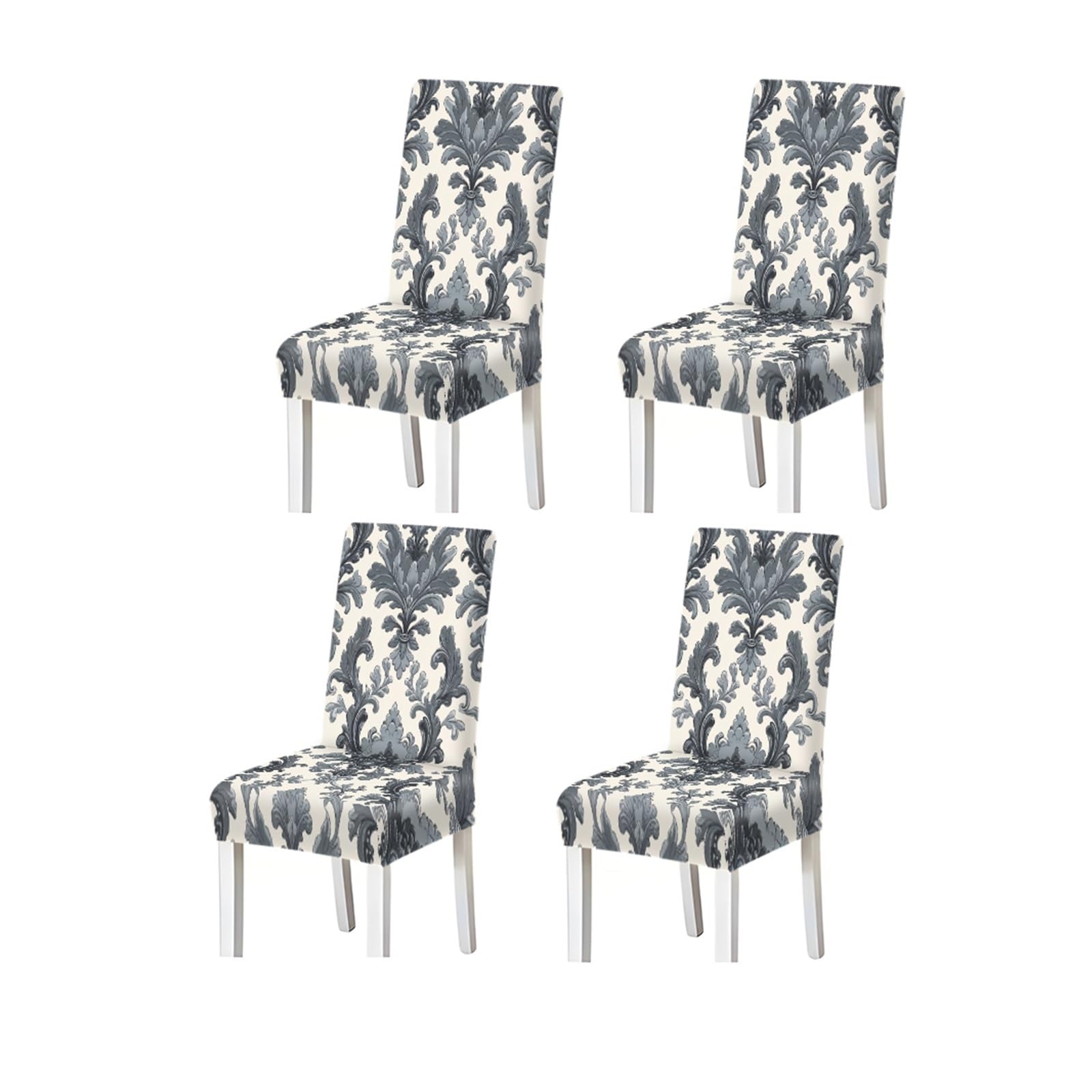 KXUAUV Gray White Damask Baroque Floral Pattern Print Dining Chair Covers Set Of 2/4/6, Stretch Slipcovers For Kitchen Dining Room Seat Protectors for Restaurant Hotel Party(4PCSChair cover)