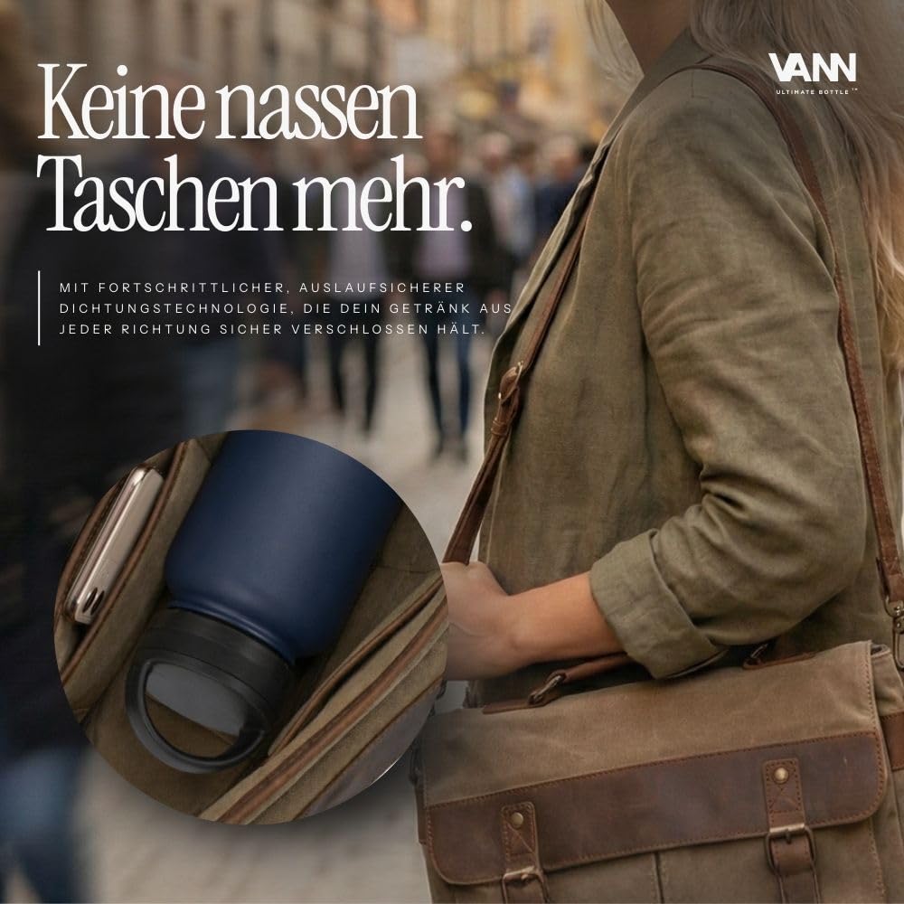 VANN Trinkflasche 2L mit Strohhalm - 3fach isoliert [24h kalt 12h warm] | Thermosflasche für Fitnessstudio, Sport - Trinkflasche Edelstahl [BPA-Frei] - Wasserflasche inkl. 5 Zubehörteile - Salbei