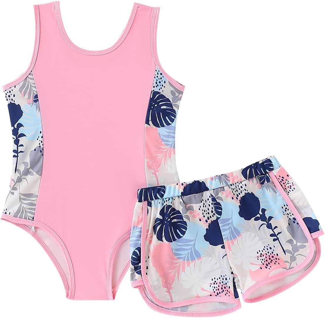 Kid Girl Swimsuit Set 2PC Bathing Suit for Girls, Tropical Girls' Full Coverage Swimwear Shorts Set