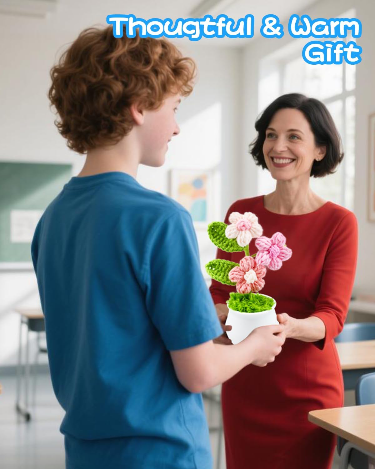 Handmade Crochet Flower Potted Plant, Mini Knitted Artificial Flowers for Car Dashboard Home Office Desk Decor, Small Crochet Puff Flower, Women Teacher Mother Weddings Birthdays Gift (Puff Tree) - Image 6