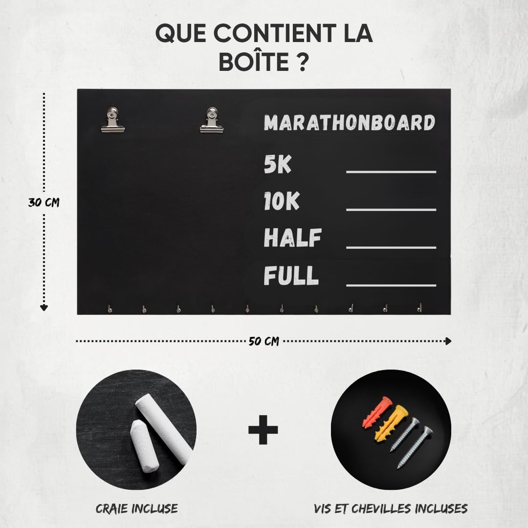 Présentoir pour médailles de Coureur, Porte-Médailles pour Coureurs – Support pour Médailles de Course à Pied et Marathon – Kit de Montage et Craie Inclus