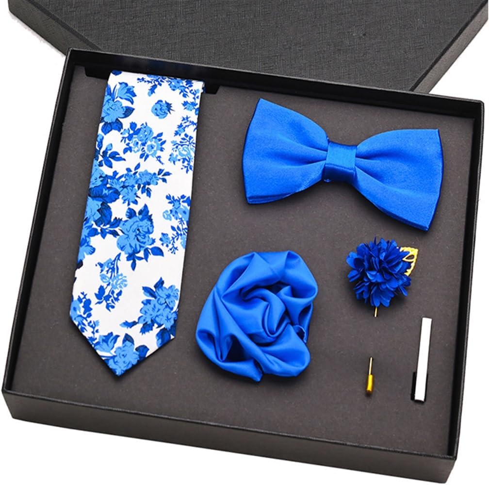 Men's Cotton Floral Tie Boxed 6-Piece Set Men's Gentleman Suit Textured Tie Handbag(C)