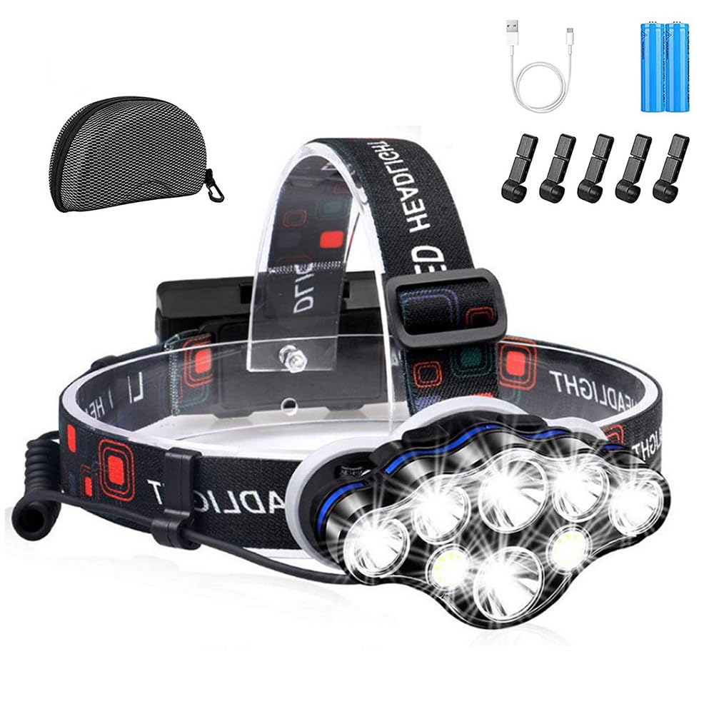 Hcosmy Rechargeable Headlamp，8 LED 18000 High Lumen Bright Headlamp with Red Light， IPX4 Waterproof Head Flashlight，90° Adjustable for Adults Outdoor Camping Running Cycling Climbing