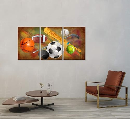 Miniatura 3 de Zlove 3 piezas de arte de pared de lienzo deportivo rústico de fútbol, fútbol, béisbol, baloncesto, deportes, obras de arte para decoración del