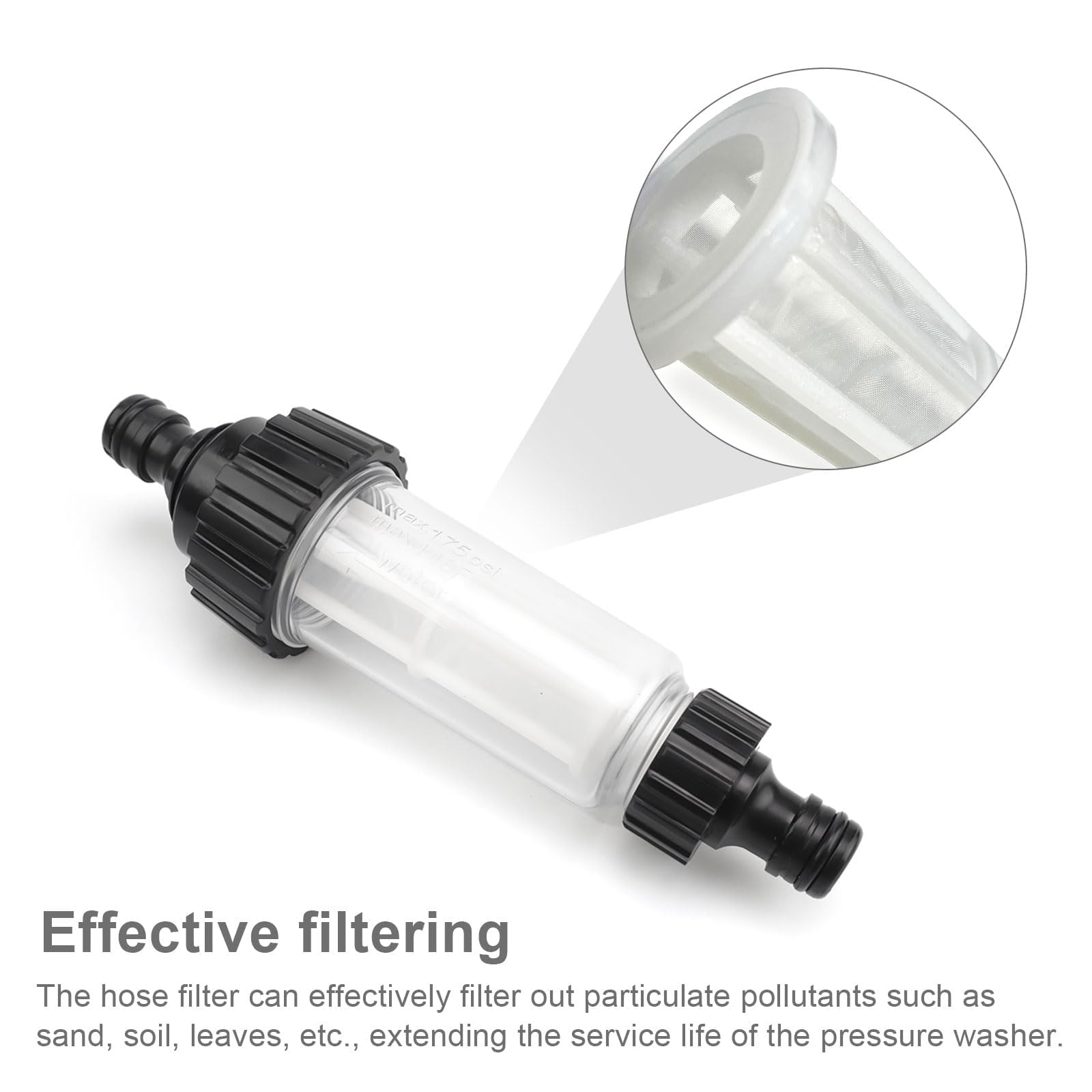 Prefiltro Agua 3/4 Pulgadas, Filtro Limpiador Alta Presión | Filtro de Agua para Jardin, con 2 Conexiones Flexibles para Hidrolimpiadora, Bomba de Jardín, Autocaravana y Camping