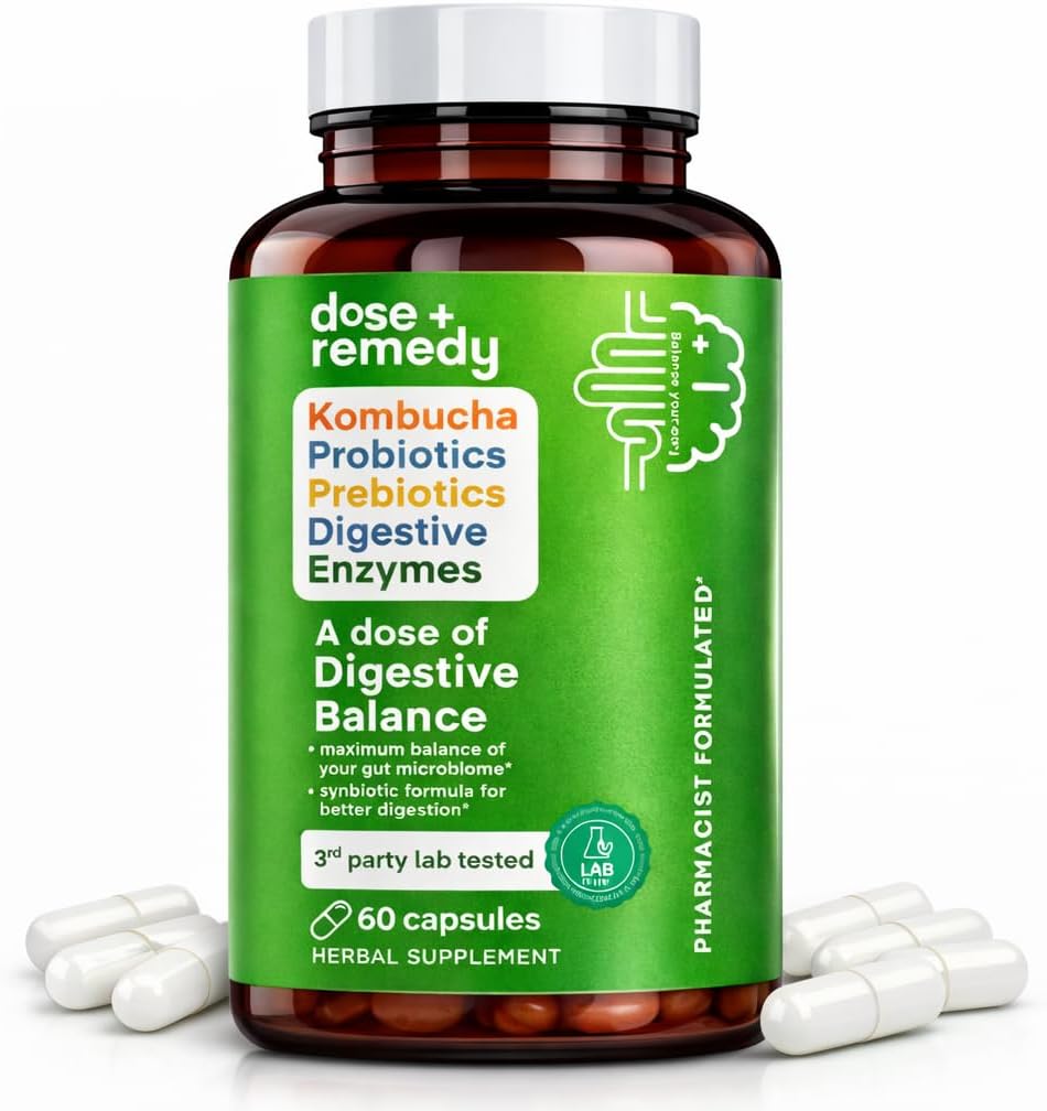 A dose of Digestive Balance-Gut Health Supplement-USDA-Kombucha, 7 Probiotic Strains and Prebiotics for Microbiome-Digestive Enzymes for Digestion-Bloating Relief for Women and Men (60 Count)