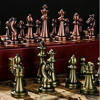 Vista 5 de Juego de ajedrez de metal, piezas de ajedrez de latón brillante y bronce, tablero de ajedrez plegable de madera maciza, juego de ajedrez profesional