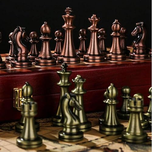 Miniatura 5 de Juego de ajedrez de metal, piezas de ajedrez de latón brillante y bronce, tablero de ajedrez plegable de madera maciza, juego de ajedrez profesional