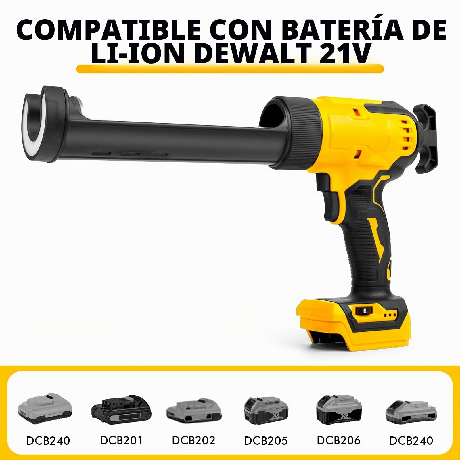 Prensa de cartuchos de batería compatible con batería Dewalt 20 V | Pistola de calafateo eléctrica, 6 velocidades, luz LED, jeringa de silicona para cartuchos, 300ml, 9 accesorios, Sin batería