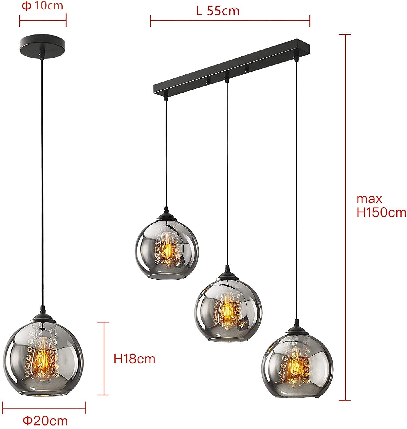 Pendelleuchte Glas Kugel Hängelampe Industrial Deckenlampe Grau | Vintage Hängeleuchte kronleuchter Metall für Wohnzimmer Zimmer Esszimmer Pendellampe Retro Deckenleuchte Küchenlampe 3-flame