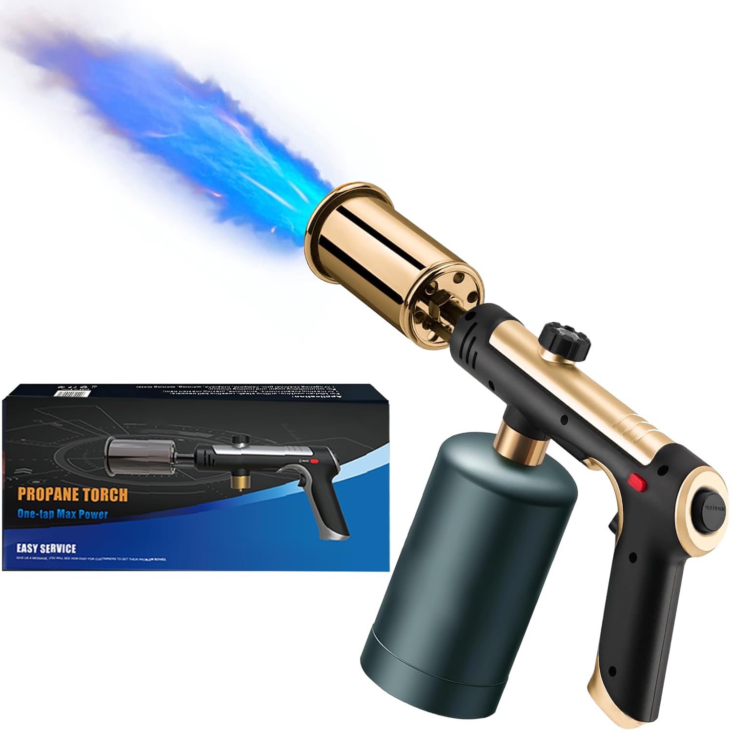 Powerful Propane Torch Gun, Kitchen Torch With Adjustable Flame, Flamethrower Blow Torch for BBQ, Campfire, Searing Steak, Camping (Propane Tank Not Included)-Golden