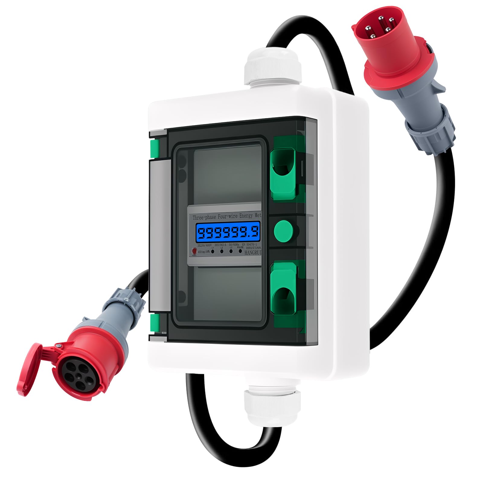 Contatore Elettrico Digitale Mobile portatile trifase 63A misuratore di consumo elettrico Spina CEE 5P 400V Contatore energia elettrica digitale 3 Fase con funzione di reset H07RN-F 5×6mm²cavo IP66