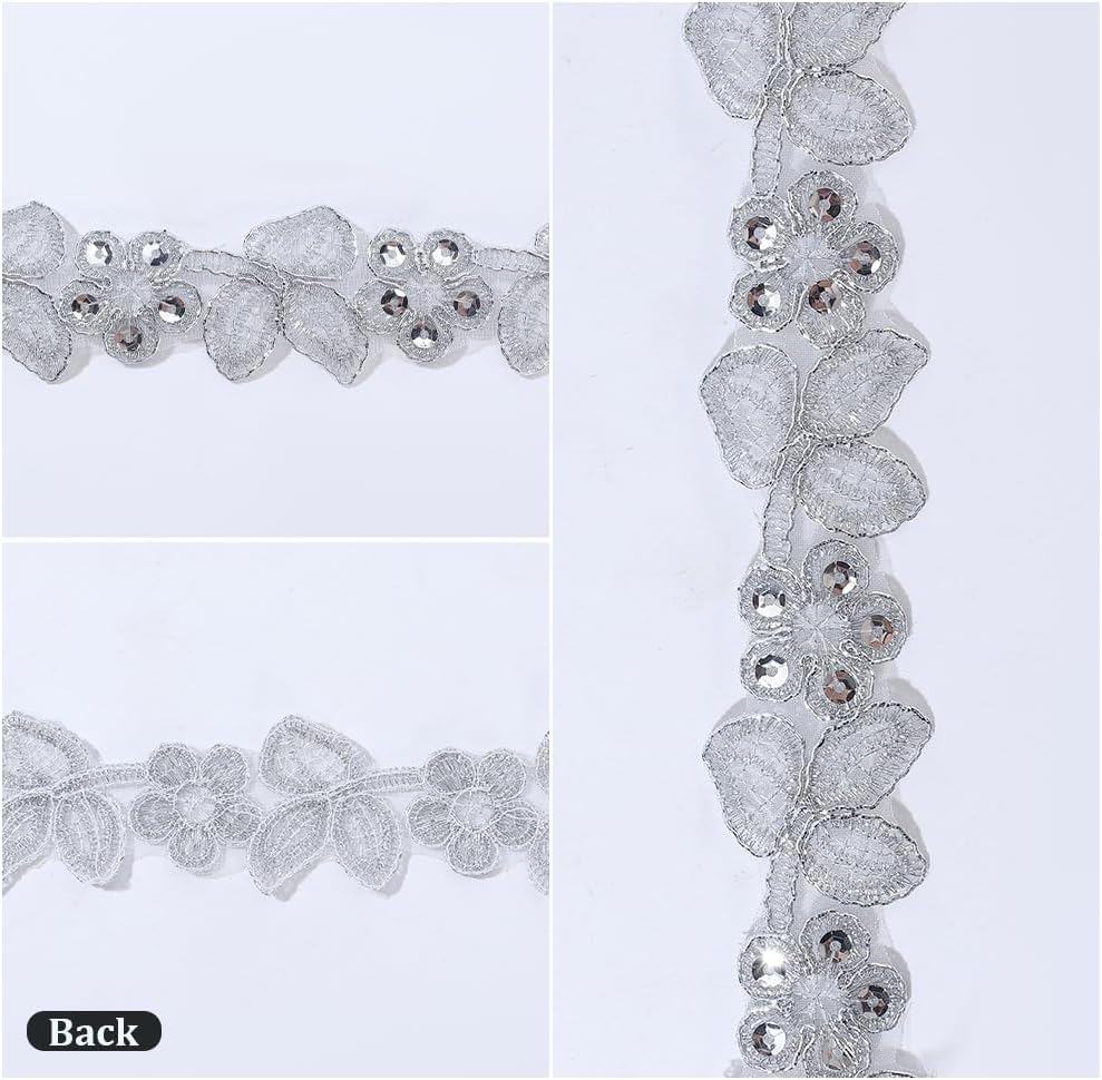 GORGECRAFT 5 Yards Silver Metallic Venice Lace Trim 1.38 Inch Sequin Flower Embroidery Lace Ribbon Applique Sewing Floral Crown Edge Trimming for DIY Crafts Clothes Wedding Home Decor