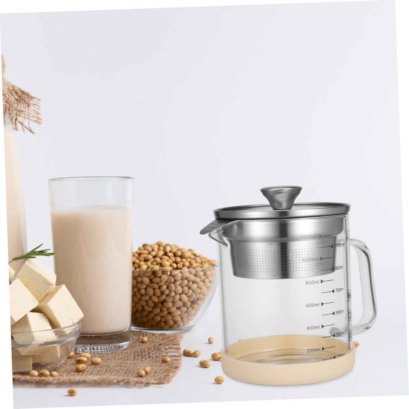 Fettabscheider Multifunktionaler Soßentrenner mit Silikongriff 1200ml aus Glas und Edelstahl und Sojamilchfilter für Küche Beim Kochen und Braten