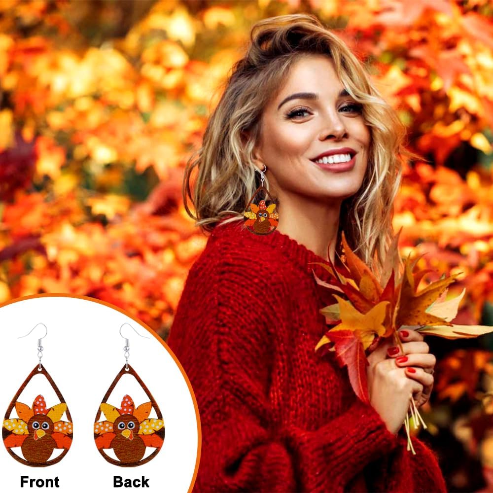JOICEE 34 PCS Fall Thanksgiving Earrings Set,Autumn Earrings Set Pumpkin Turkey Maple Leaf Sunflower Wooden Dangle Earrings Stud Jewelry Earring Double Sided Print for Women Decor Halloween Party Gift - Image 4