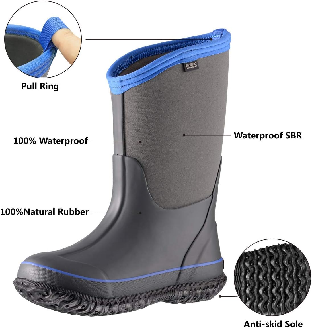 Kids Rubber Rain Boots, Waterproof Solid Classic Pull On Snow Wellies Boot for Children Toddler Boys Girls