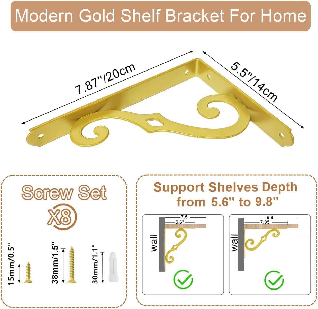 Z METNAL Decorative Shelf Brackets, Brass Metal Shelves Bracket, Gold Metal Wall Decor, Heavy Duty Modern Shelving Bracket for DIY Floating Shelves, Gold, 8pcs