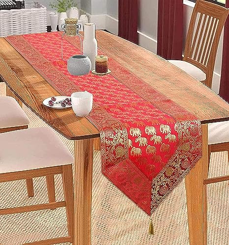 Image of Traditional Brocade Silk Table Runner for Living Room 4 to 6 Seater Dining Table Runner Elephant End Tassels 14x80 Inches (Red)