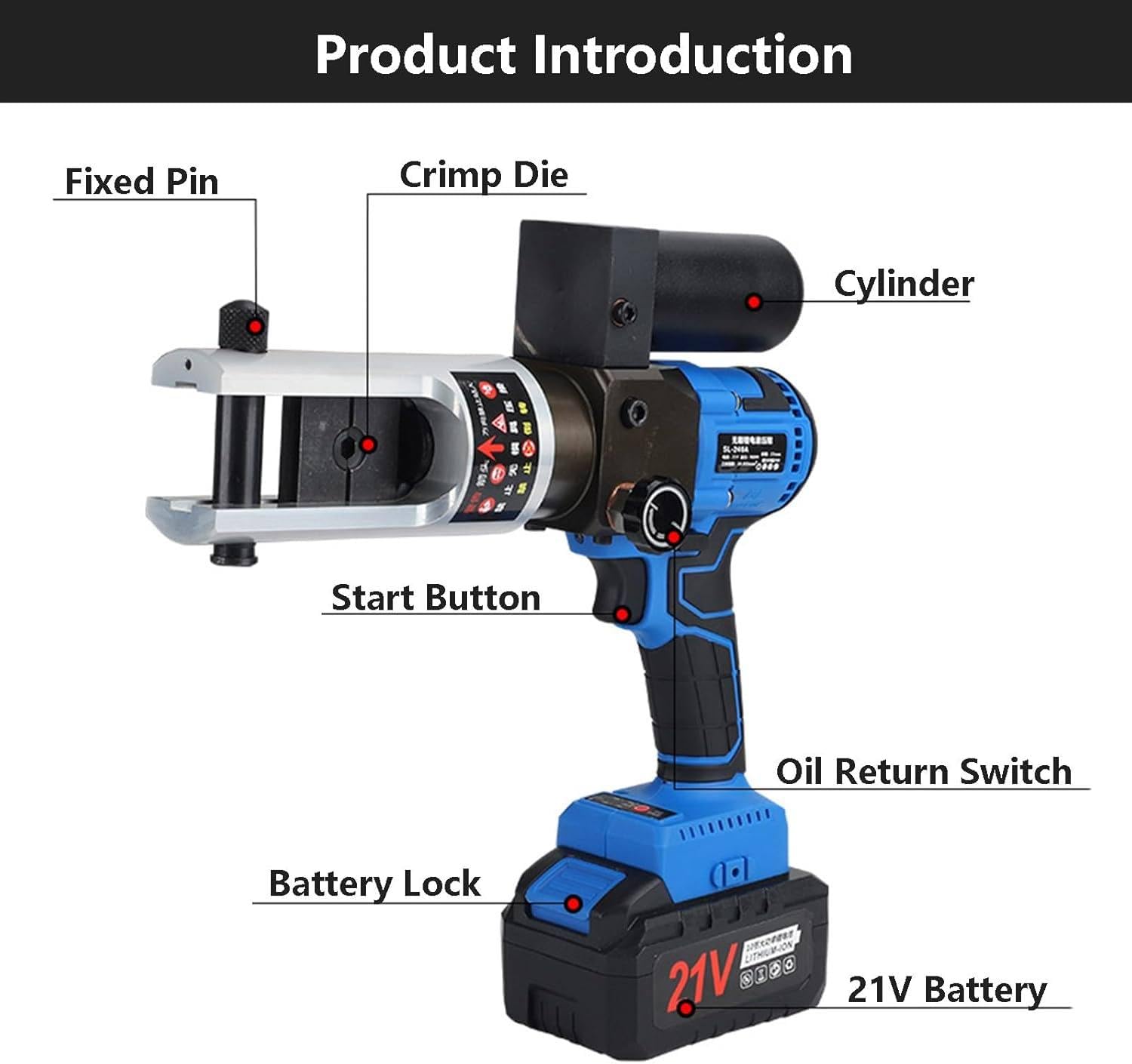 Bezprzewodowa zaciskarka hydrauliczna, zaciskarka litowo-jonowa 90 kN 21 V z matrycami zaciskowymi, 2 akumulatory, ładowarka i skrzynka narzędziowa, do zaciskania końcówek