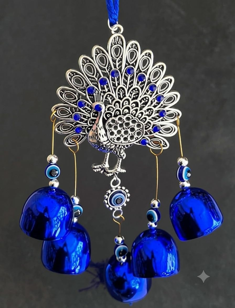 Peacock Wind Chime with Blue Bells and Evil Eye Beads | Silver Metal Peacock, 3 Blue Hanging Bells, Evil Eye Charm, Wall Hanging Decor, Blue Rope Hanger-image-48