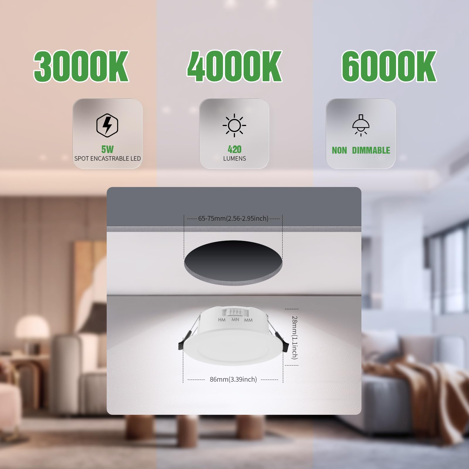 Lot de 20 Spot LED Encastrable 5W, Spot LED Extérieur, 3000K/4000K/6000K Réglable, Ø65mm-75mm Trou, spot Salle de Bain IP44 pour Cuisine Salon, Rond
