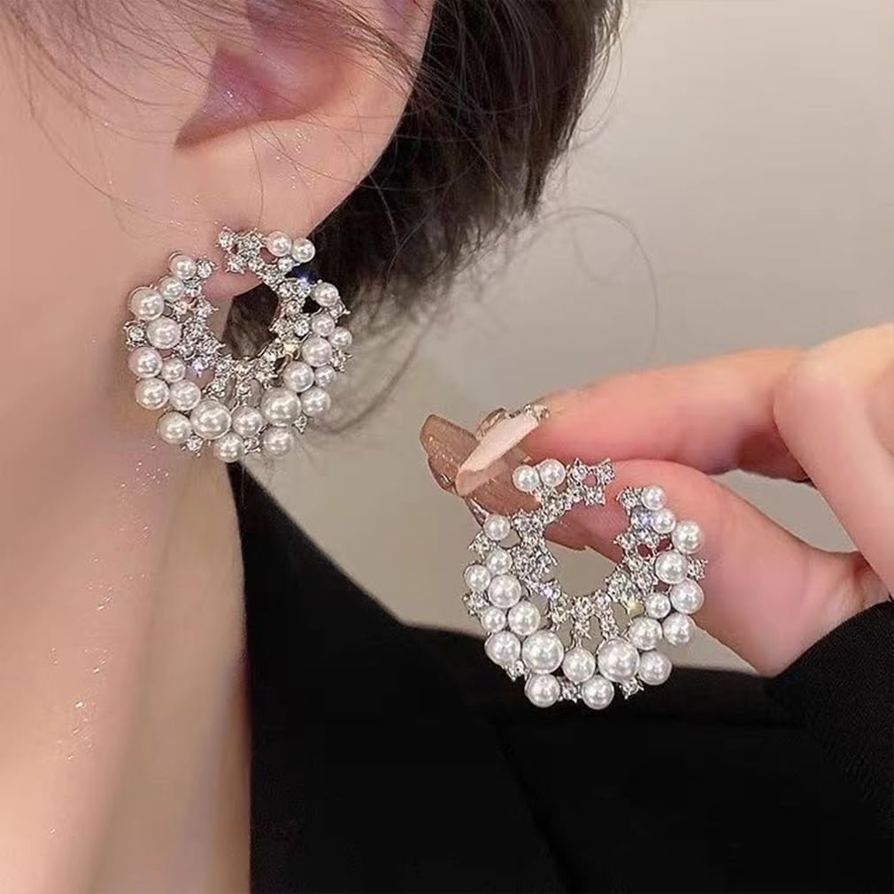 Silver Rhinestone Pearls Cluster Large Earrings for Women Fashion Sparkly Crystal Pearl Round Circle Dangle Earrings Formal Costume Big Statement Jewelry - Image 2