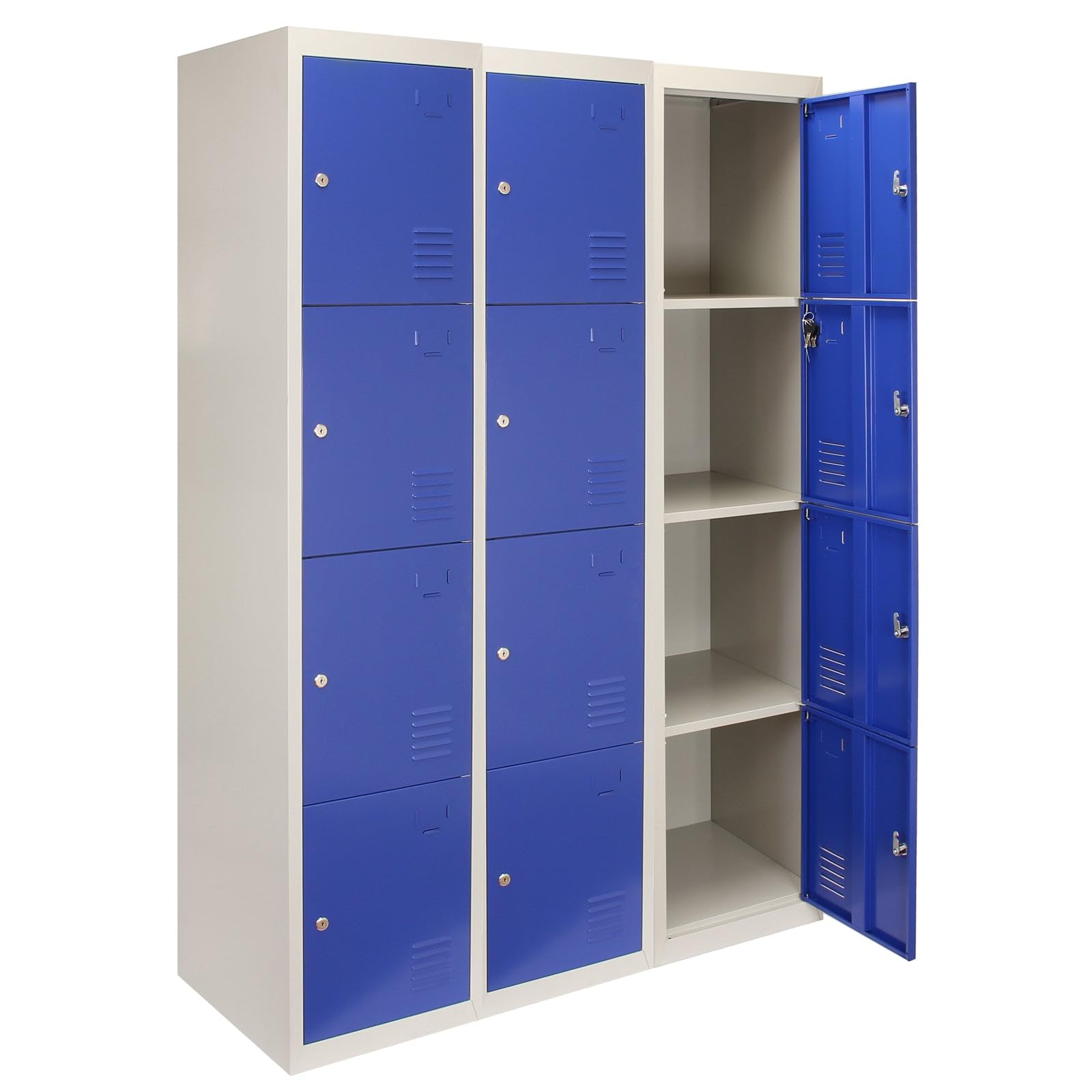 Monster Shop - 3 Armadietti da Montare con 4 Porte Blu in Acciaio 45cm x 114cm x 180cm per Scuole, Palestre e Spogliatoi