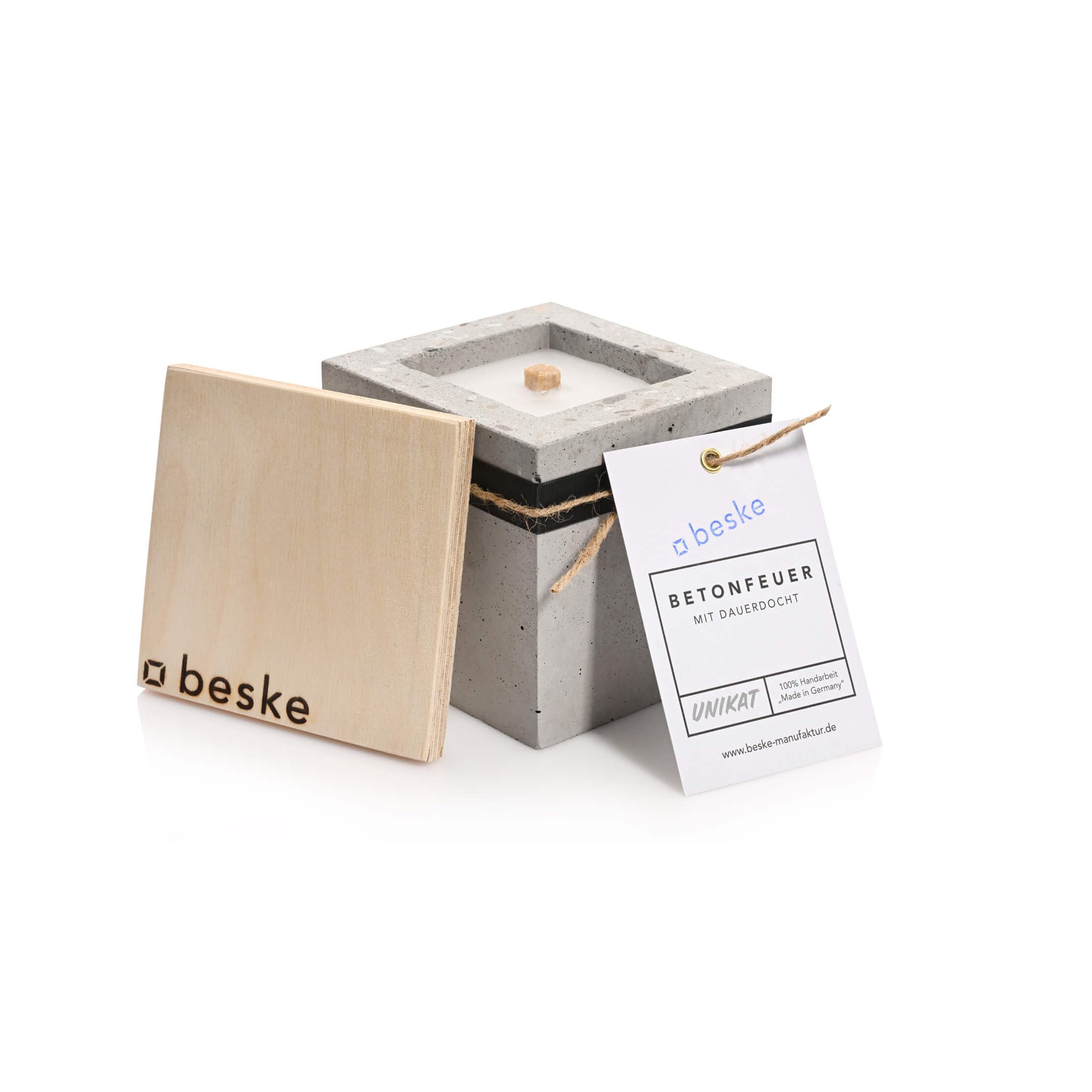 Das Original der Beske-Manufaktur | Modell 'Pico' | 10x10x10cm mit Dauerdocht | Wiederbefüllbare Fackel | Unendliche Brenndauer | Recycling von Kerzenwachs | Tischfeuer Fackel