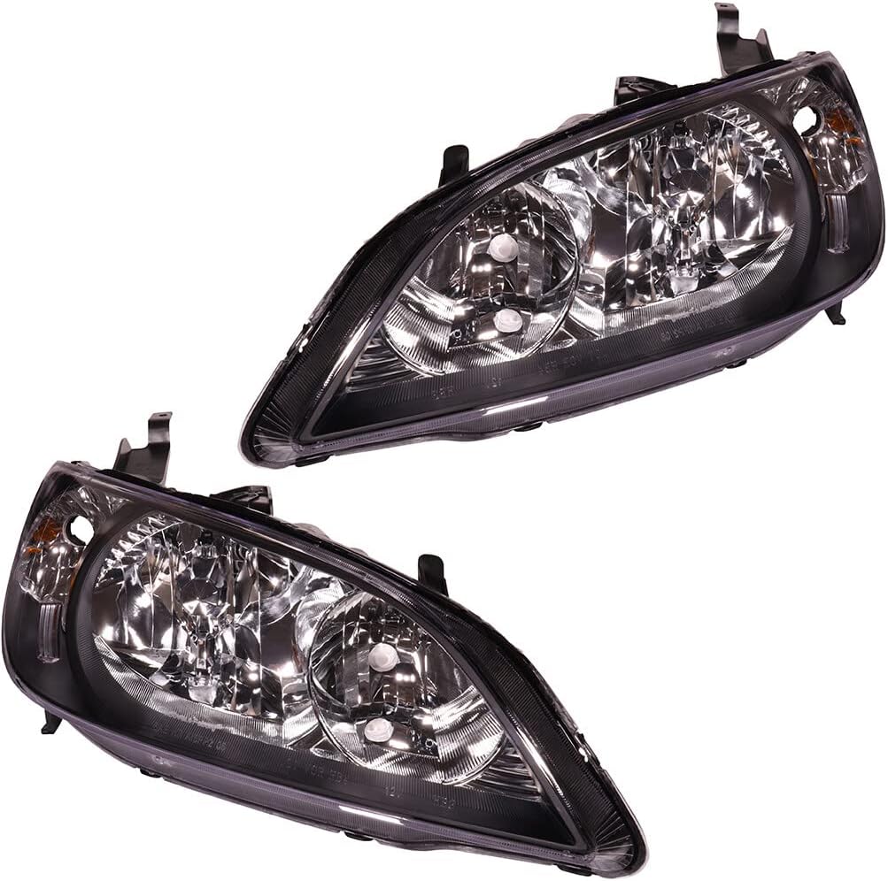 OCPTY Headlight Assembly Pair Replacement For 2004-2005 for Honda Civic Black Housing Amber Reflector Clear Lens Bulbs Not Included