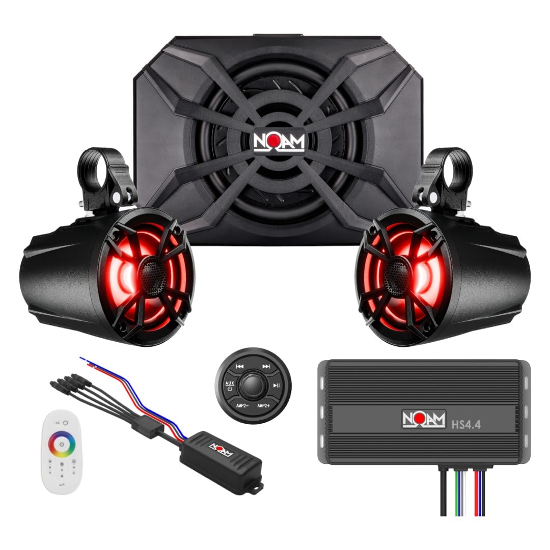 NOAM NUTV5-S V.2 - Marine ATV/Golf Cart/UTV Stereo System kit – with 2 Waterproof LED Light Tower Speakers, Subwoofer, Weatherproof Controller with Bluetooth and AUX Input and Four Channels Amplifier
