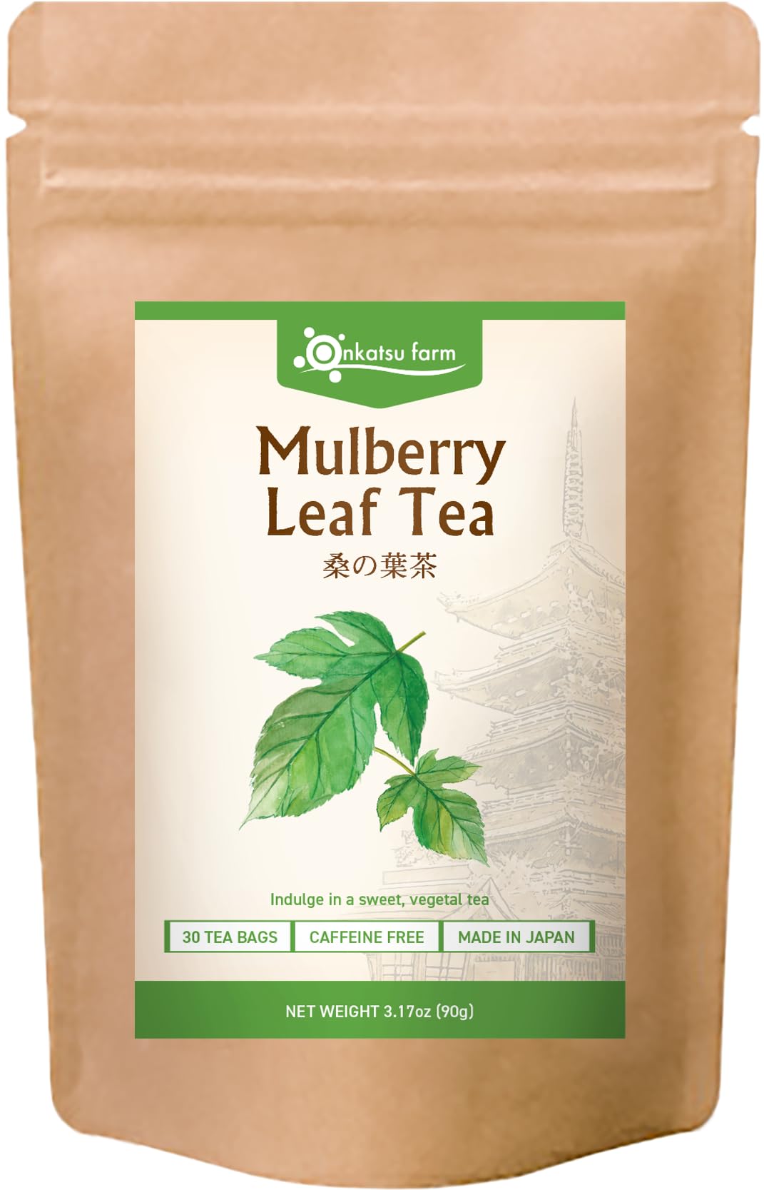 Onkatsu Farm Mulberry Leaf Premium Japanese Tea Bags, Sweet Herbaceous Flavor, Hot or Iced, Caffeine Free, 30 Total Tea Bags