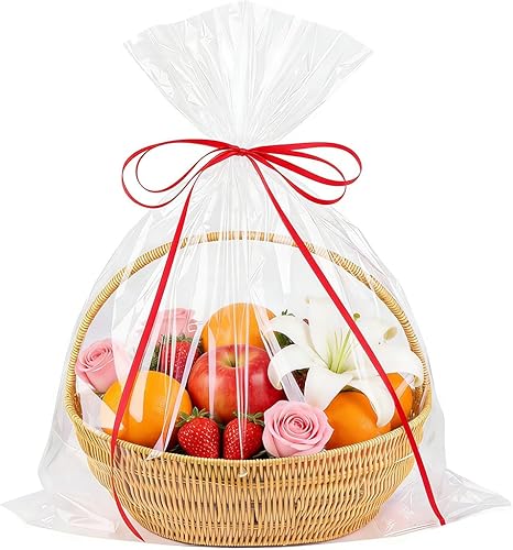 Amsthow Bolsas transparentes de celofán de 20 unidades con lazos, papel de regalo de 12 x 18 pulgadas para canastas, recuerdos, frutas pequeñas,